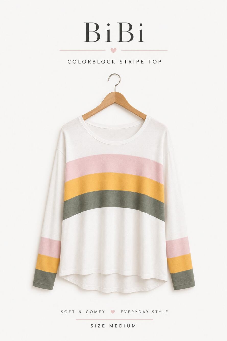 BIBI Medium Colorblock White Pullover Long Sleeve Stripe Soft Top